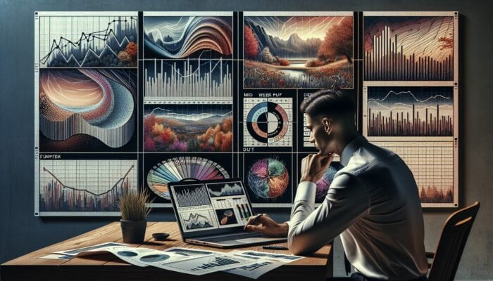 Person using laptop to assess market trends, calendar showing mid-week dates circled, seasonal landscapes in background.