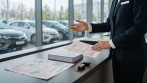 A person in a suit stands at a car dealership counter, holding paperwork and car keys, possibly reviewing if car rental insurance is worth it. Car documents and several vehicles are visible through large windows in the professional setting.