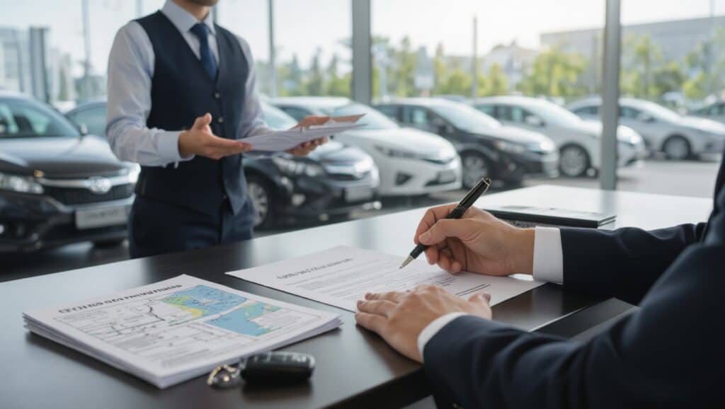 A person in a suit signs car rental insurance documents at a desk with a key, while another person in a vest hands over more papers. Large windows reveal parked cars outside in a sunlit dealership or car rental office.