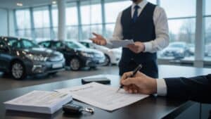 A person signs car rental documents at a desk indoors, with car keys and paperwork visible, discussing car rental insurance. Another suited person stands in the background holding papers. Several cars are parked inside a modern, well-lit showroom with large windows.