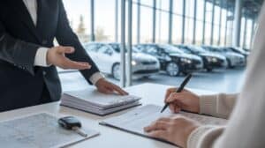 A person signs a car purchase contract at a dealership desk with a car key, map, and paperwork visible, while another in a suit gestures over car insurance documents. Rows of cars are parked outside large showroom windows in the background.