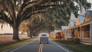 A vintage camper drives down a two-lane road in the Deep South, lined with oaks draped in Spanish moss. Charming wooden buildings and white steeples glow in the sunset, evoking a peaceful, nostalgic scene of cultural heritage.