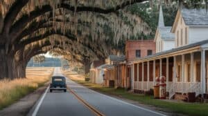 A vintage car drives down a rural Deep South road lined with oak trees draped in Spanish moss. On the right, old wooden buildings and a church stand near gas pumps, as sunlight filters through the canopy, capturing a timeless journey.