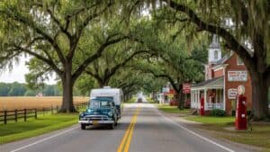 A vintage green car towing a white trailer rolls down a two-lane road in the Deep South, lined with oak trees draped in Spanish moss. Small shops, a church, and a red gas pump evoke the region’s rich cultural heritage on this timeless journey.