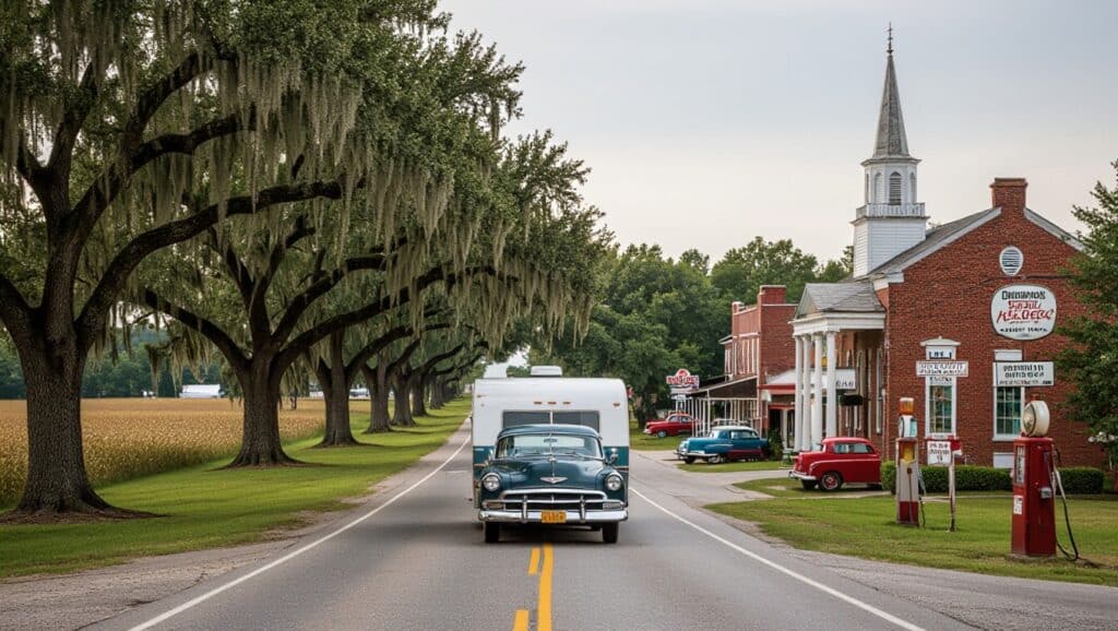 A vintage car towing a white camper drives down a tree-lined rural road in the Deep South, passing a brick church, historic storefronts, old cars, and a red gas pump. Moss-draped trees and a cornfield evoke a timeless journey rich in cultural heritage.
