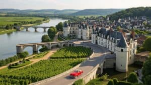 A red vintage car drives on a curved road past a grand chateau in France’s Loire Valley, its white stone walls and gray roofs surrounded by lush vineyards. A stone bridge crosses a wide river, with a village and hills under a clear sky.