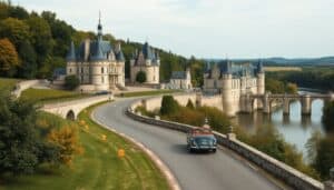 A vintage convertible car drives along a curved road lined with trees toward a grand stone chateau with blue rooftops beside a river and arched bridge, surrounded by the lush greenery of France’s Loire Valley under a clear sky.