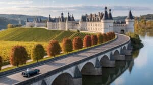 A classic convertible car drives over a stone bridge lined with autumn trees, curving toward a grand Loire Valley château with multiple towers and steep roofs, surrounded by vineyards and reflected in a calm river under the blue sky of France.