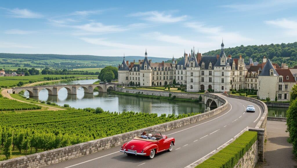 A red convertible and a white car drive on a curved road over a stone bridge beside a grand Loire Valley château in France, set by a river. Lush vineyards and rolling hills surround the elegant, multi-towered palace under a bright blue sky.