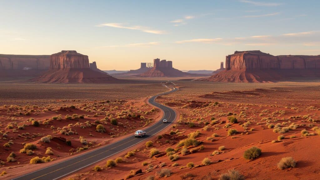 A winding road cuts through a vast, red desert, offering a scenic drive past sparse shrubs. Monument Valley’s iconic sandstone buttes glow in sunlight as a few cars journey under a partly cloudy blue sky.