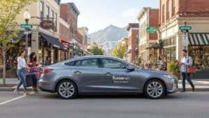 A gray sedan with “Raxcarshare” branding, perfect for local car rental, is parked on a lively town center street. Four people cross nearby, carrying bags and checking phones as storefronts and distant mountains complete the scene.