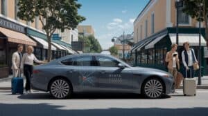 A sleek gray car rental with a map graphic and "RENTA" logo is parked on a sunny city street. Four well-dressed people with suitcases stand nearby, smiling and chatting, ready for their one way car rental adventure among shops and cafes.