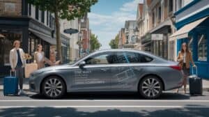 Three women with suitcases stand on a charming street beside a silver sedan featuring digital graphics about One Way Car Rental. The urban scene has upscale shops and greenery, making it perfect for exploration with a Local Guide.