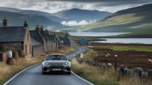 A silver sports car drives on a narrow rural road past stone cottages with chimneys, as if embarking on a Timeless Adventure. Rolling green hills, grazing sheep, and misty mountains capture the spirit of driving in Scotland's scenic landscapes.