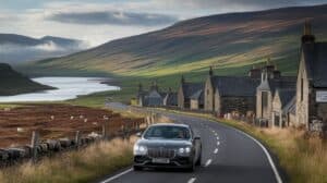 A silver luxury car drives along Scotland’s Whisky Trail, winding past stone cottages, green hills, and grazing sheep by a lake. Soft sunlight casts long shadows over the dramatic landscape, evoking the spirit of a classic countryside driving adventure.