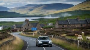 A luxury sports car drives on a winding rural road in Scotland past stone cottages and grazing sheep, with green hills, a lake, and misty mountains in the background. A blue road sign ahead reads “Travel Safely, Check Cars.” The scene is calm and picturesque.