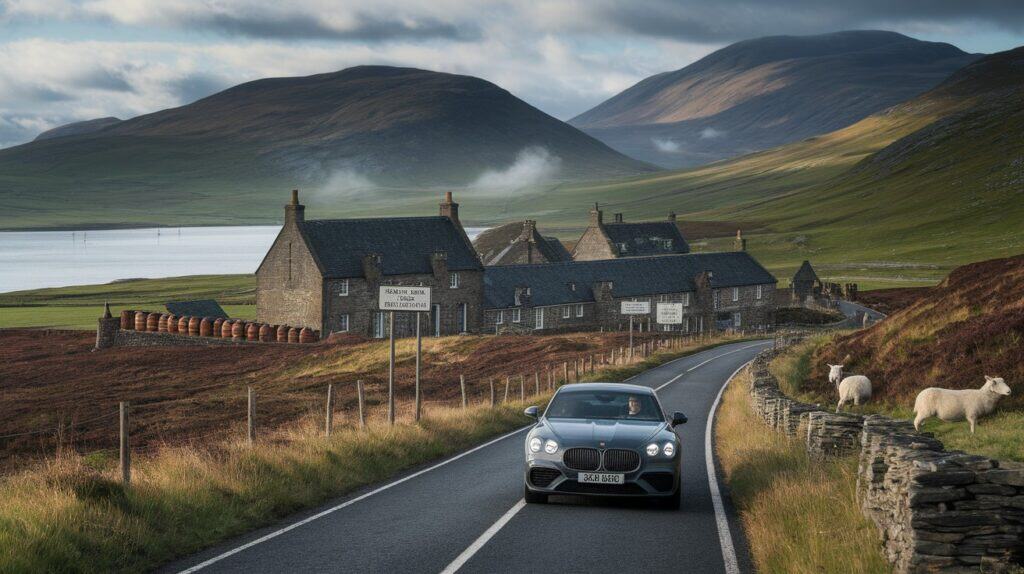 A luxury car drives along Scotland’s scenic Whisky Trail on a narrow rural road past stone cottages, with rolling hills, a lake, and grazing sheep under a cloudy blue sky. Road signs and a stack of barrels are visible near the houses.