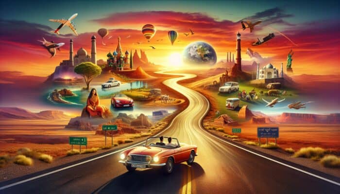 A winding road at sunset, symbolizing freedom and adventure, with diverse travelers exploring in a convertible.