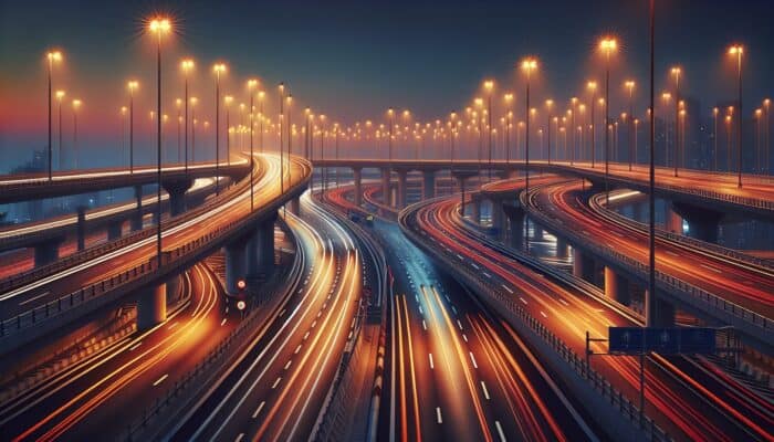 Modern highway at dusk with safety features: lighting, signage, guardrails, emergency call boxes, smooth road surface, organized traffic flow.