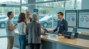 A group of four adults stands at a modern service counter discussing car rental age requirements with a professionally dressed male employee. Large windows and informational signs are visible in the bright, office-like environment.