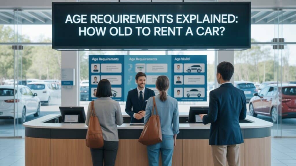 Three people stand at a car rental counter speaking to an employee. Above them, a large sign reads “AGE REQUIREMENTS EXPLAINED: HOW OLD TO RENT A CAR?” Posters behind the counter highlight car rental age requirements, with cars visible outside through large windows.
