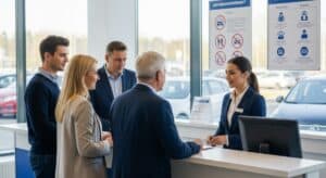 A group of four adults, two men and two women, stand at a rental counter discussing car rental options and age requirements with a female employee in a business suit. The setting is bright with large windows and cars visible outside.