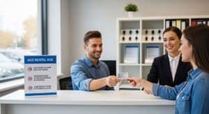 A smiling man behind a rental counter accepts an ID card from a woman, while another woman beside him smiles. A sign on the counter shows car rental age requirements. The office background features shelves with binders and framed documents.