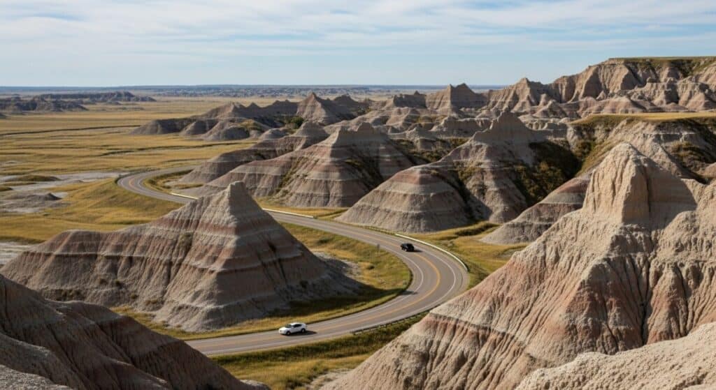 A winding road curves through rugged, layered rock formations in Badlands South Dakota, offering a scenic drive beneath a bright blue sky. Two cars travel along the route, surrounded by dramatic eroded hills and jagged peaks—perfect for adventure seekers.