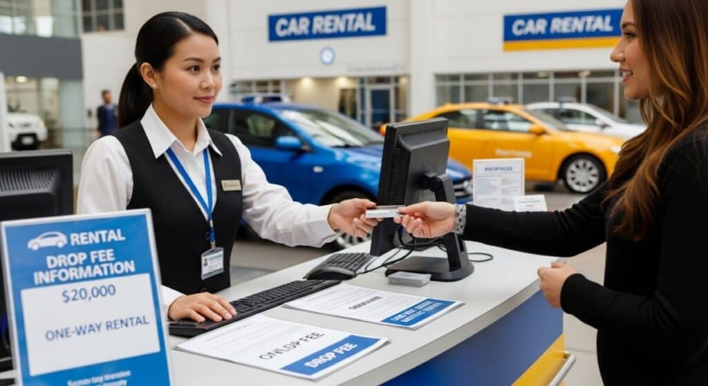 A car rental agent in uniform hands a key card to a customer across the counter. Rental signs, brochures, and computers are visible. Parked cars and a "Car Rental" sign highlight the professional office and inform customers of potential drop fee costs.