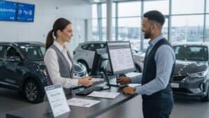 A woman and a man in business attire stand at a car dealership desk. Smiling, the woman hands a card to the man as they discuss car rental options by a computer with forms, surrounded by cars in a bright showroom with large windows.
