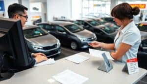 A woman hands car keys to a man at a counter in a modern car rental dealership. Papers and a computer are on the counter. Multiple gray cars are lined up indoors behind them, with signs displaying costs and drop fee information in the background.