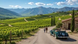 A vintage convertible car is parked on a winding Mendoza road trip route beside a vineyard. Two people walk hand in hand past rows of green vines. Rolling hills and distant mountains unfold under a blue sky, with a stone house to the right.