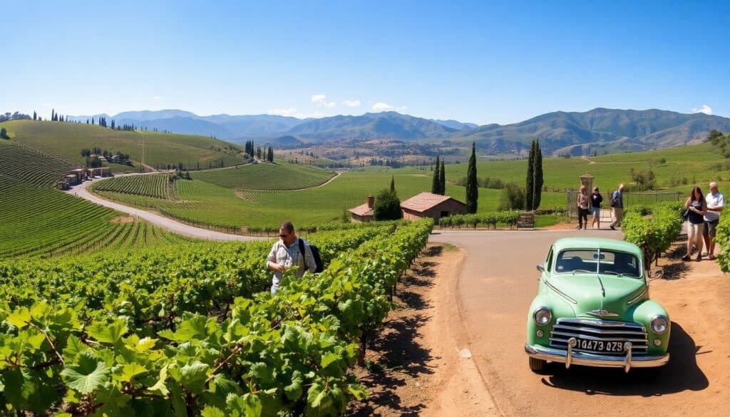 A vintage green car is parked on a vineyard road in Argentina Wine Country. People walk and take photos among the grapevines as rolling green hills and mountains stretch under a clear blue sky, with a stone building and tall cypress trees nearby.