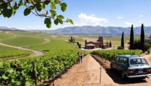 A couple walks up a dirt path through lush green vineyards in Argentina wine country. An old car is parked nearby. In the background, a rustic stone building with a tower is set among cypress trees, rolling hills, and distant mountains under a bright blue sky.