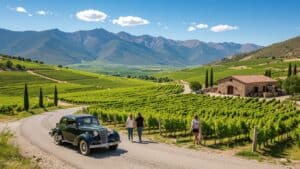 A vintage car drives past three people walking along a winding Mendoza road trip route through lush green vineyards. A rustic stone building sits nearby, with majestic mountains and a blue sky forming the scenic Argentina wine country backdrop.