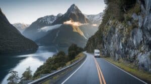 A camper van drives along a winding road beside a calm fjord in Milford Sound, New Zealand, bordered by steep cliffs and lush green trees. Snow-capped mountains rise in the distance under a clear sky, perfect for an unforgettable road trip.
