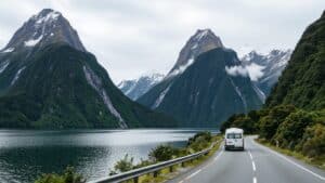 A white van drives along a winding road beside a calm lake in New Zealand, surrounded by steep, green mountains with snowy peaks under a cloudy sky. Dramatic cliffs and dense trees create a scenic, remote Milford Sound road trip atmosphere.