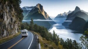 A white camper van drives along a winding mountain road beside a calm fjord in Milford Sound, New Zealand, surrounded by steep, forested cliffs and dramatic peaks. Morning light and low clouds create a serene scene perfect for a memorable road trip.