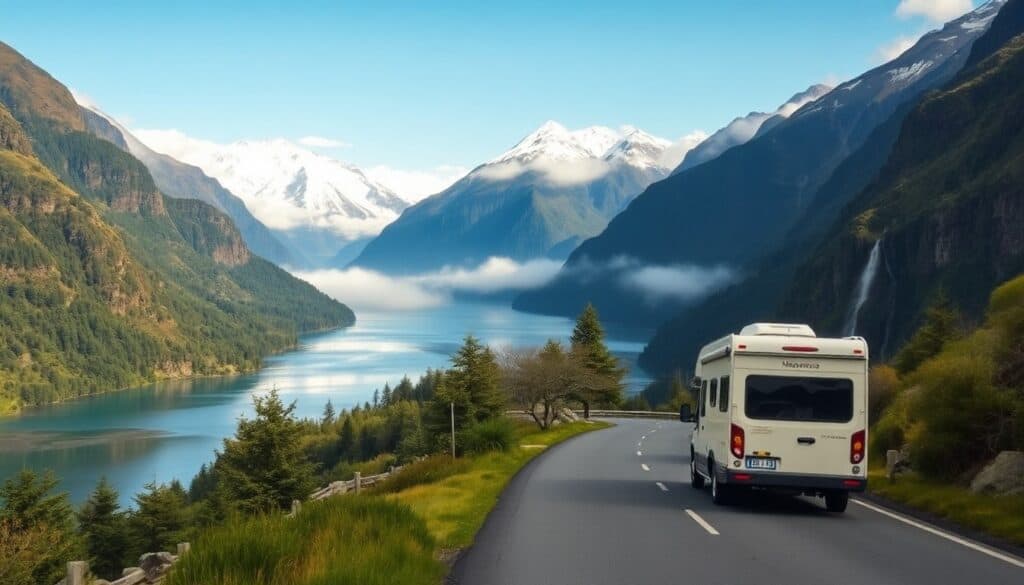 A white RV drives along a winding road bordered by lush green trees, overlooking a calm lake nestled between forested mountains with snow-capped peaks—an idyllic New Zealand road trip near the breathtaking Milford Sound under a blue sky.