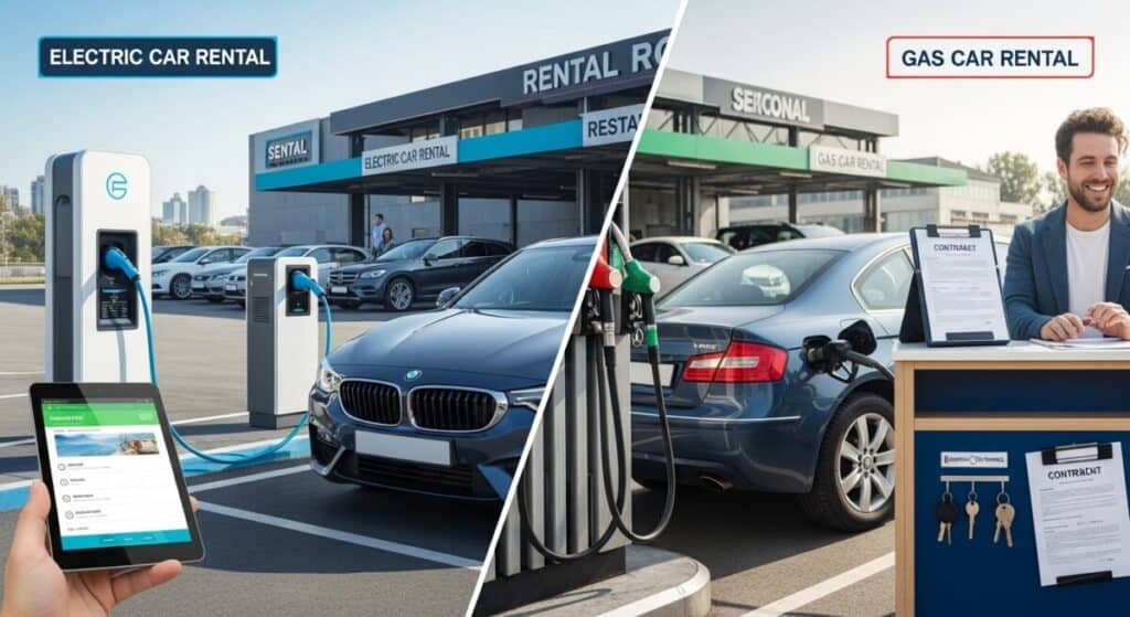 A split-image displays Electric Car renting on the left, with a person charging a BMW via smartphone at a rental office, and Gas Car renting on the right, featuring contract signing beside a gas car and a rental counter with keys.
