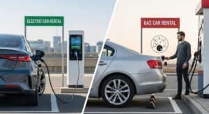 Split image: On the left, an Electric Car charges at a station labeled "ELECTRIC CAR RENTAL." On the right, a man refuels a Gas Car beneath a "GAS CAR RENTAL" sign. Both vehicles are shown outdoors with a city skyline, highlighting modern renting choices.