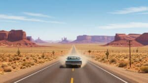 A classic car embarks on a Southwest Desert Drive down a long, straight highway lined with cacti. Red rock mesas rise on both sides under a clear blue sky, evoking the spirit of exploring and the thrill of a timeless journey.