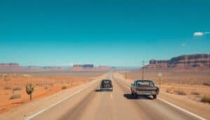 Two classic cars cruise down a straight, empty highway on a Desert Drive through the Southwest Desert, passing red rock mesas, sparse vegetation, a cactus, and clear blue sky. The scene evokes freedom and the spirit of a timeless journey.