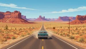 A blue vintage car cruises down a straight, empty desert highway flanked by red rock mesas and buttes, capturing the spirit of a Timeless Journey through the classic American Southwest Desert Drive under a bright sky with wispy clouds.