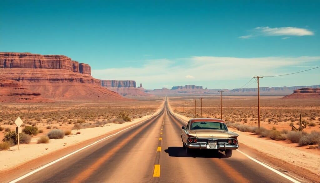 A classic car drives down a long, straight desert highway flanked by telephone poles. Vast red rock mesas rise in the background under a clear blue sky, capturing the spirit of a Timeless Journey and adventure in the American Southwest.