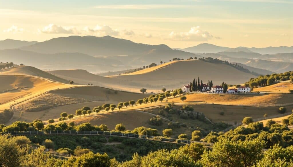 Rolling Tuscan hills bathed in golden sunlight evoke the charm of Portugal’s Olive Heritage. A cluster of red-roofed buildings and cypress trees nestles among fields and olive groves, while soft shadows and a winding fence add depth to the peaceful rural scene.