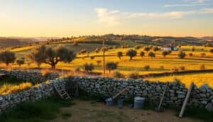 A stone wall borders a rural Alentejo Olive Route landscape at sunset, with olive trees dotting golden fields. Farm tools and watering cans rest nearby, as rolling hills and a white farmhouse complete this tranquil scene in Portugal.