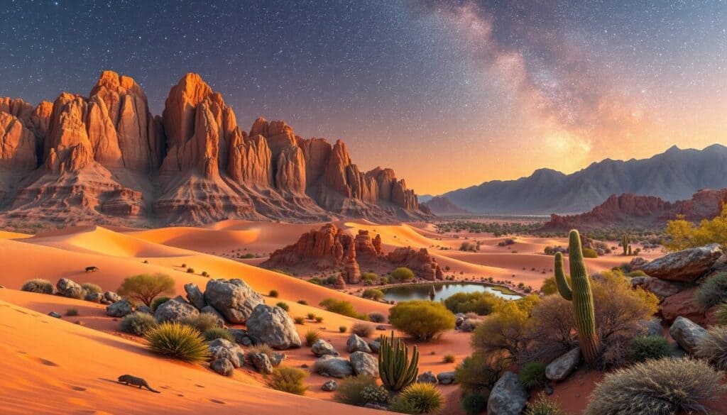 A vibrant desert landscape at sunset, inspired by California Desert Parks, features red sand dunes, rocky cliffs, scattered cacti, shrubs, and a small oasis pond. The Milky Way glows above while orange sunlight illuminates jagged mountain peaks.