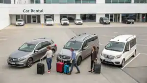 Three people with suitcases stand next to parked Mercedes-Benz vehicles outside a car rental building, likely choosing a rental car. Other cars line the building, which features large windows and a "Car Rental" sign above the entrance.