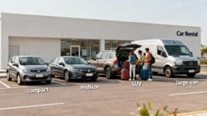 A group loads colorful suitcases into an SUV outside a car rental office, with compact, midsize, SUV, and large van options parked nearby—showcasing the importance of choosing rental car size from a helpful car rental guide.